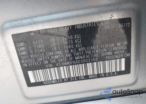 2013 Subaru Legacy 2.5I Limited из США, поврежденный, VIN 4S3BMBP66D3002360